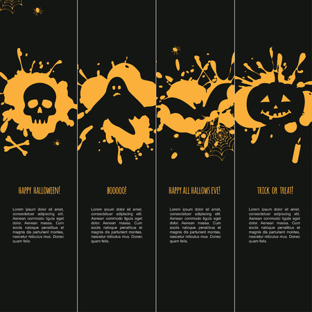 vector vertical banners for halloween invitations, halloween banner template, black and orange halloween cards with ghost, bat, skull and pumpkinのイラスト素材