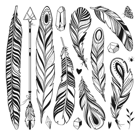 feathers, crystals, arrow, butterfly and other hand drawn elements isolated on white, magical and beautiful vector set, boho style illustrationのイラスト素材