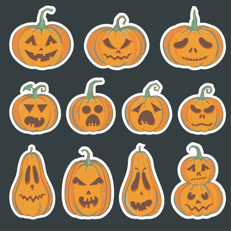 Halloween stickers with carved pumpkins. Vector set of illustrations with Halloween pumpkins.のイラスト素材