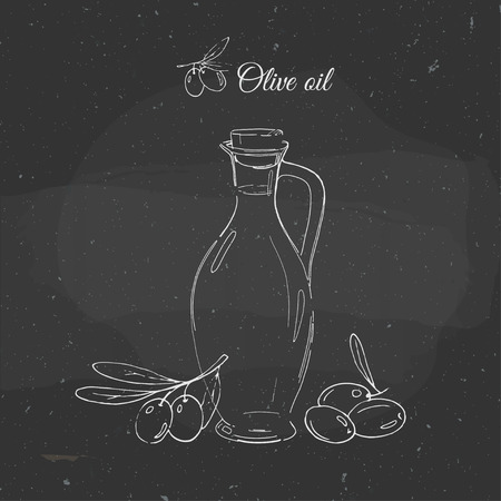 bottle of olive oil and olives on a chalkboard, vector illustrationのイラスト素材