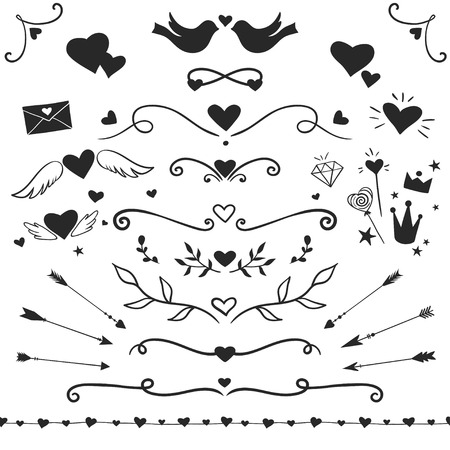 Valentine Day collection: hearts, arrows, doves, decorative swirls and curls, romantic vector decorationsのイラスト素材