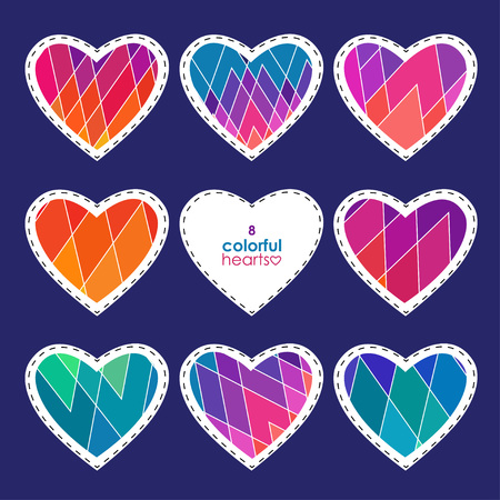 set of geometric multicolored hearts for Valentines day stickersのイラスト素材