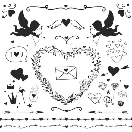 set of romantic elements for Valentines day, vector decorative elements isolated on whiteのイラスト素材