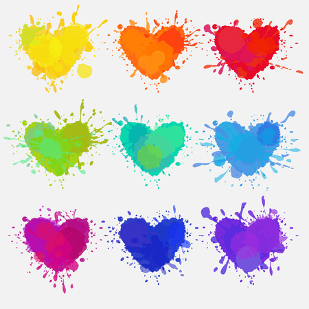 vector colorful hearts, set of splattered and messy colorful hearts with paint stains for Valentines day designのイラスト素材