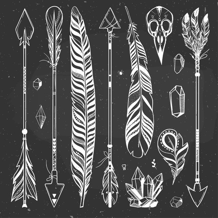 Bohemian set on a chalkboard. Vector ornamental feathers, arrows and crystals, boho style.のイラスト素材