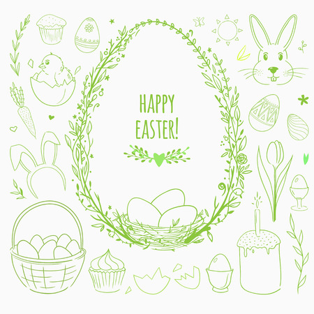 Easter doodles isolated on white, spring vector florals.のイラスト素材