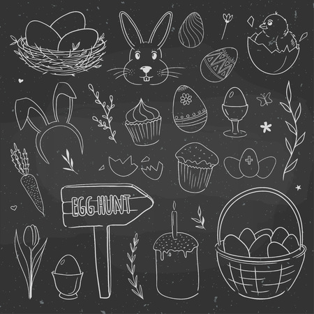 Set of cute Easter doodles hand drawn on a chalkboard, vector festive illustration.のイラスト素材