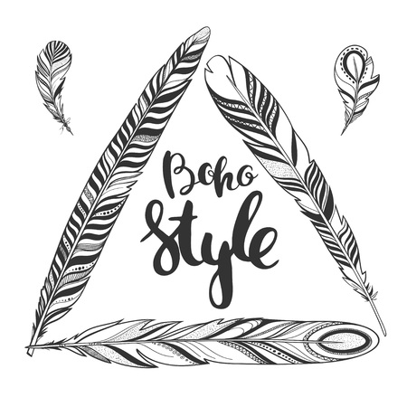 Vector boho frame made of feathers isolated on white. Decorative triangle natural frame with lettering.のイラスト素材