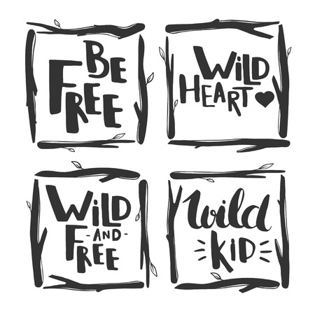 Set of vector floral frames with hand drawn lettering isolated on white. Inspirational bohemian lettering.のイラスト素材