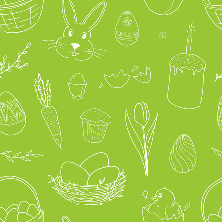 Vector seamless pattern for Easter with eggs, rabbit, nest, chicken and flowers. Green and white wrapping paper for Easter.のイラスト素材