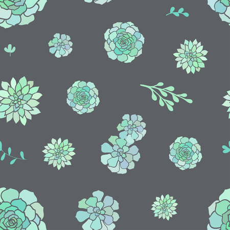 Vector seamless pattern with succulents on grey background. Cute spring background.のイラスト素材