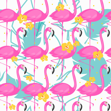 Vector seamless pattern with pink flamingos. Cute vector summer wallpaper. Tropical wrapping paper with seamless design.のイラスト素材