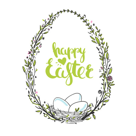 Greeting card for Easter with floral wreath, bird nest with eggs and hand drawn lettering. Vector illustration isolated on white.のイラスト素材