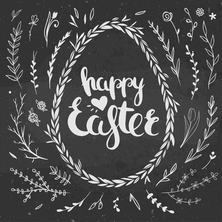 Happy Easter lettering on a chalkboard. Set of decorative floral elements for Easter hand drawn on a chalkboard. Vector illustration.のイラスト素材