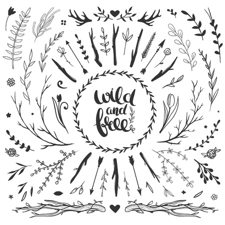 Big set of decorative floral elements, rustic style. Vector illustration with flowers, leaves, herbs, sticks and arrows isolated on white.のイラスト素材