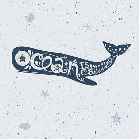 vector lettering with whale, vector illustration of a cachalot whale with letteringのイラスト素材