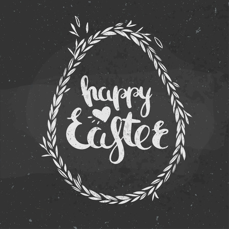 Easter greetings on a chalkboard. Vector floral frame in shape of egg for Easter decorations.のイラスト素材