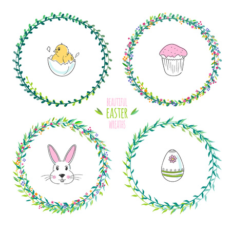 Set of vector floral wreaths and illustrations for Easter isolated on white.のイラスト素材