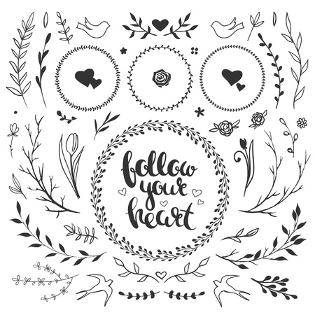 Romantic rustic floral set of vector elements for wedding templates and decorations. Vector illustration with flowers, leaves, herbs and wreaths isolated on white.のイラスト素材