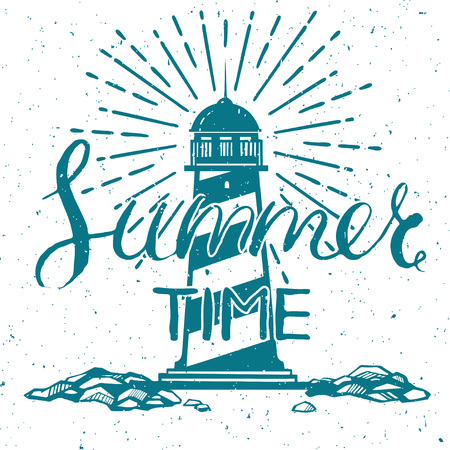 Vector retro style card with lighthouse and hand drawn lettering. Summertime lettering.のイラスト素材
