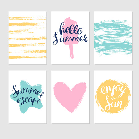 Set of summer cards and backgrounds with hand drawn seasonal lettering and bright paintbrush strokes. Vector summer cards.のイラスト素材