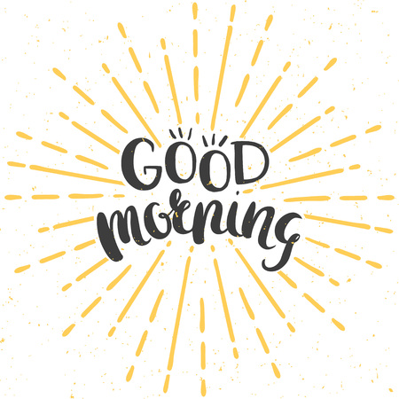 Vector poster with hand drawn lettering and vintage style sunburst. Good morning greeting card.のイラスト素材