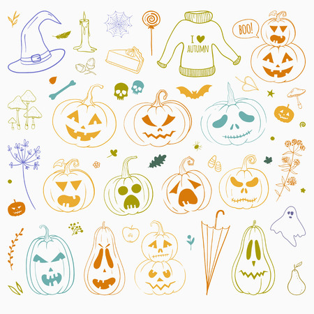 Set of colorful carved pumpkins for Halloweenのイラスト素材