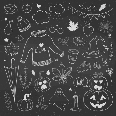 autumn set of doodles on a chalkboardのイラスト素材