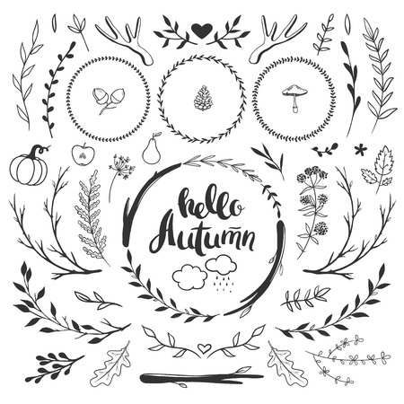Autumn rustic set with floral doodlesのイラスト素材