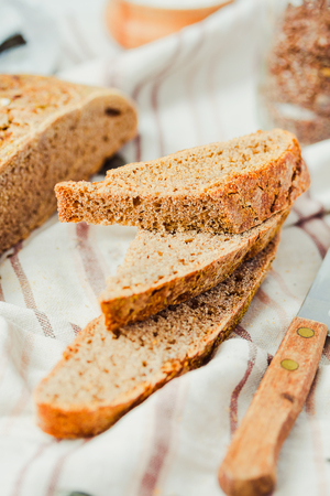 homemade rye bread unleavened, slices, healthy organic food, selective focus,rusticの写真素材