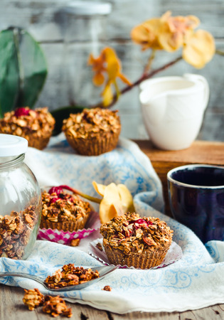 vegan oat muffins with cherries and granola, healthy dessert, pastry, selective focusの写真素材