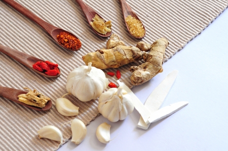 ingredients for cooking  on a wooden spoon blank の写真素材