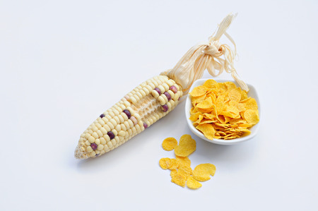 Corn flakes in Cup and Corn Pods Place on white backgroundの写真素材
