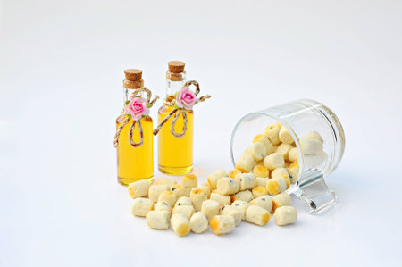 Gaba Rice Cookie in glass and honey on white Backgroundの写真素材