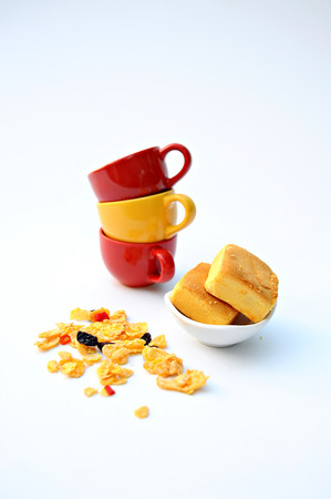 Dessert in plate white cup on white backgroundの写真素材