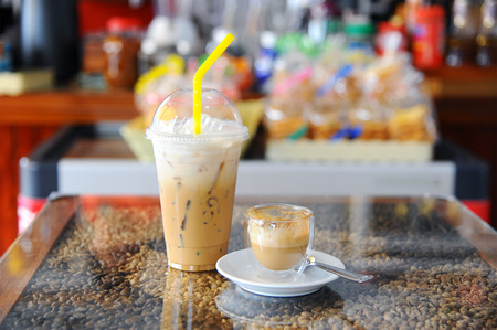 ice coffee and cappuccino in glass on tableの写真素材