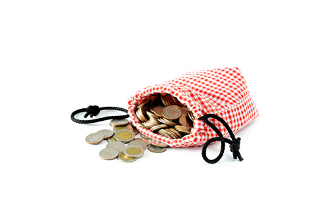 money,Thailand Baht Coins poured out of the bag Cotton Scots, Isolateの写真素材