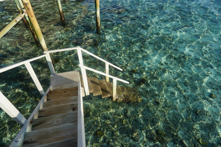 Wooden stairs to the sea in transparent water. Natural background.の写真素材