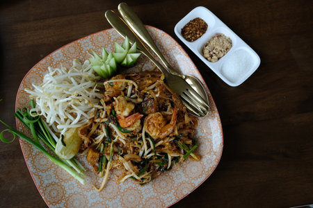 Thai food Pad thai, Stir fry noodles with shrimp and vegetablesの写真素材