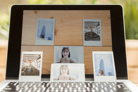 Self-portarit photos expose on a Laptopの写真素材