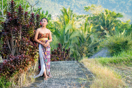 Beautiful Thai woman in traditional costume at the terrace of a rice fieldの写真素材