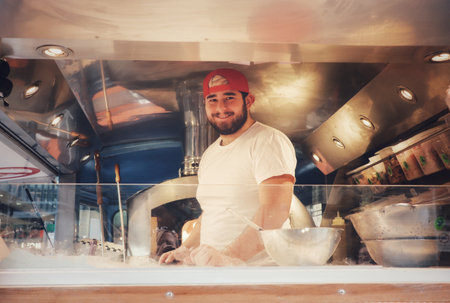 A chef in a street food vanのeditorial素材
