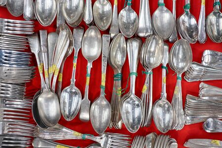 A top down view of silver cutleryの写真素材