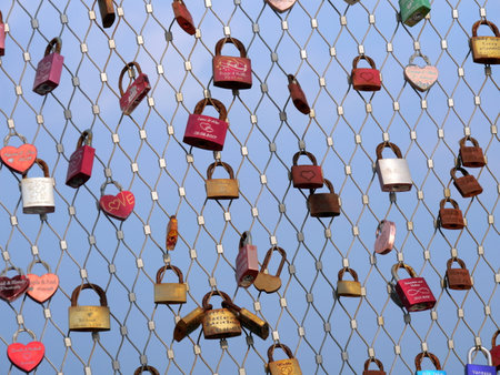 HEILIGENHAFEN, GERMANY - March 30, 2019 - Love locks on the pier of Heiligenhafen at the Baltic Seaのeditorial素材