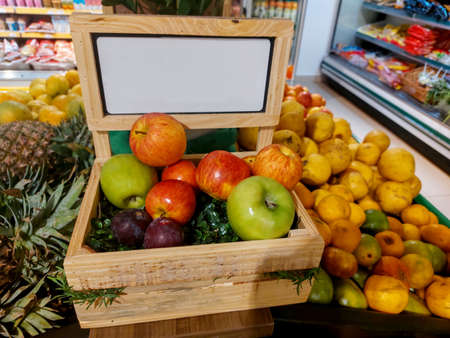 Fruit basket for decoration with a text box.の写真素材