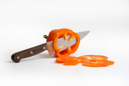 Fresh paprica cut by knifeの写真素材