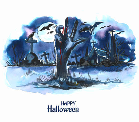 Zombie hand rising out of A blueyard In spooky night backgroundのイラスト素材