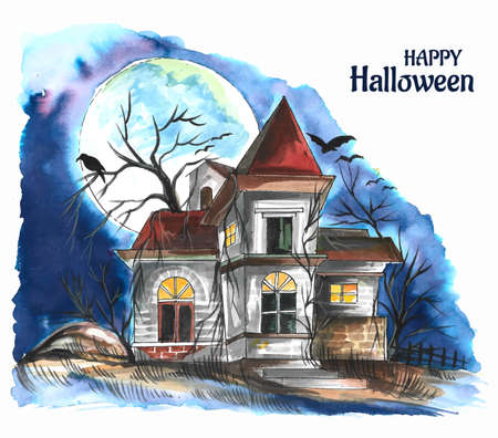 Halloween spooky house watercolor backgroundのイラスト素材
