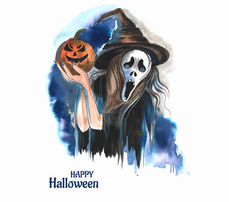 Beautiful young surprised woman with halloween mask backgroundのイラスト素材