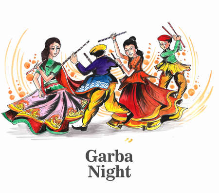 Beautiful celebrate navratri festival with dancing garba men & woman designのイラスト素材